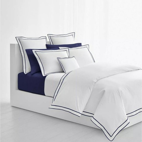 Ralph Lauren Spencer Border Sateen KING Duvet Cover WHITE NAVY - Picture 3 of 8